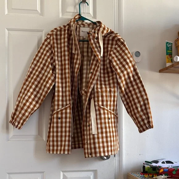 Madewell Tan and Cream Checkered gingham raincloud rain coat Jacket - Picture 4 of 10